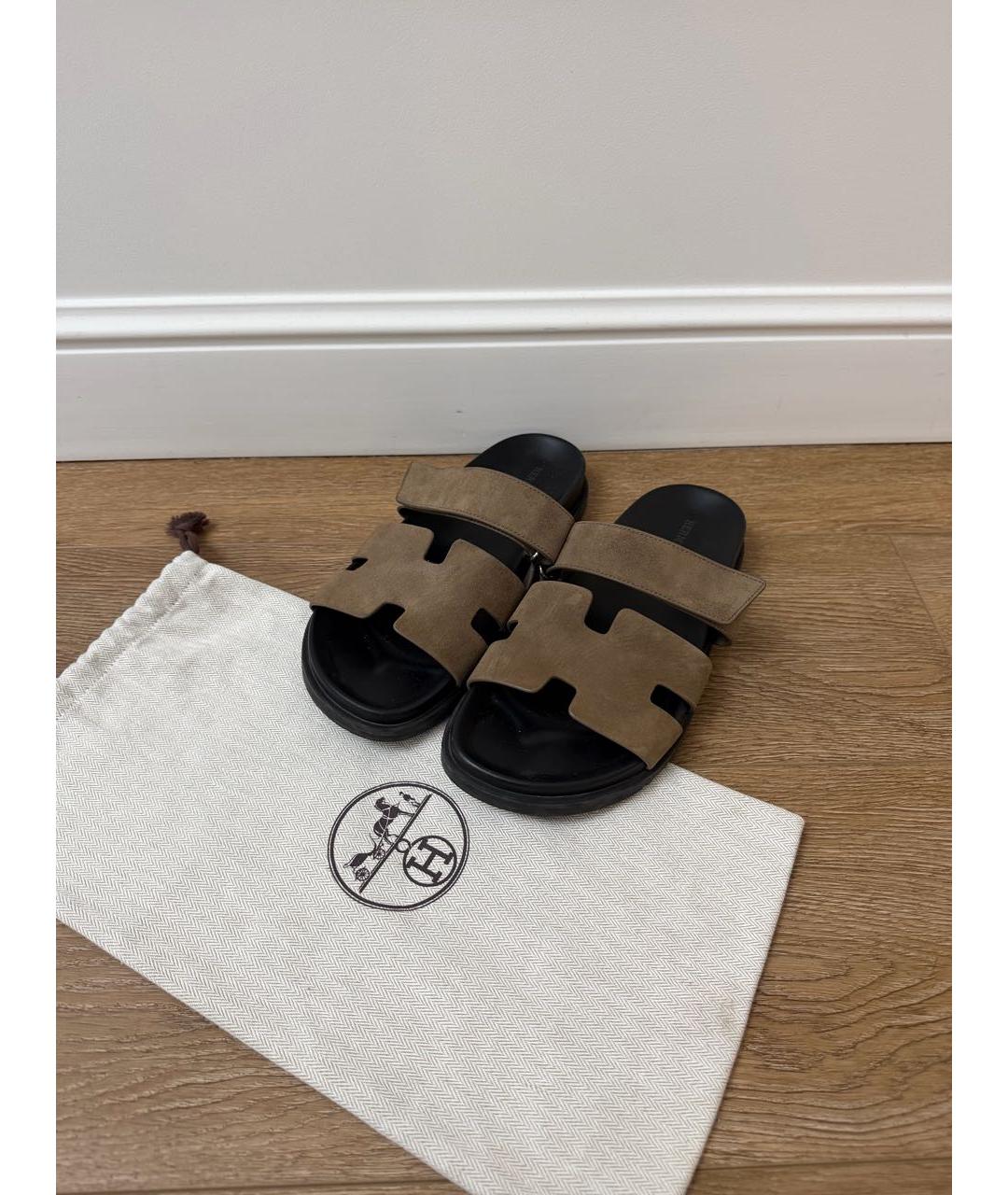 HERMES Коричневые замшевые шлепанцы, фото 6