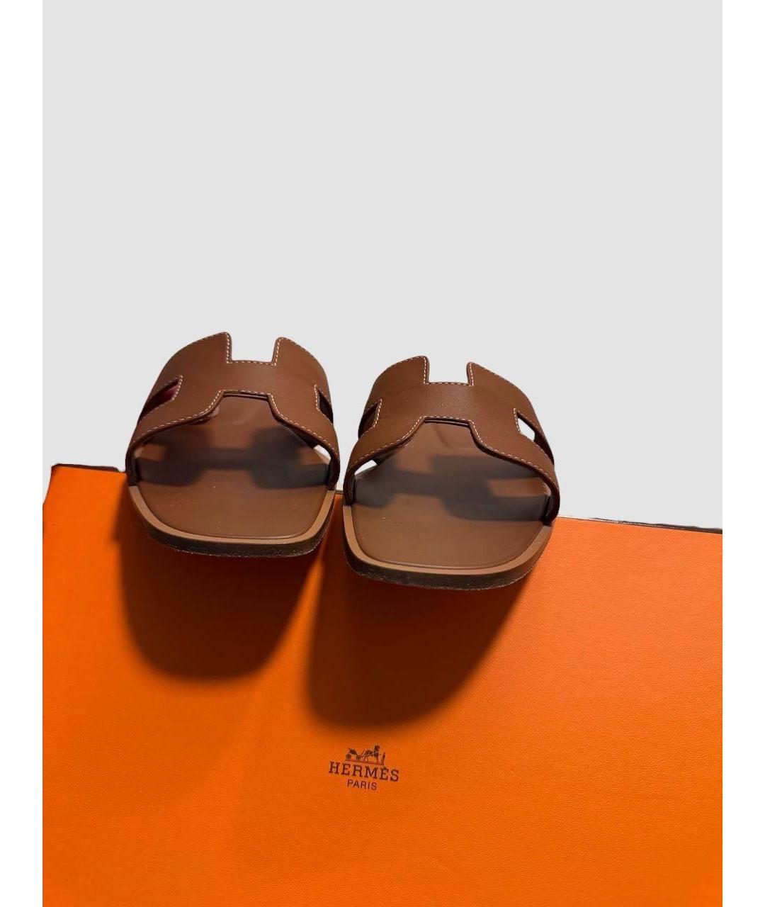 HERMES Коричневые кожаные шлепанцы, фото 4