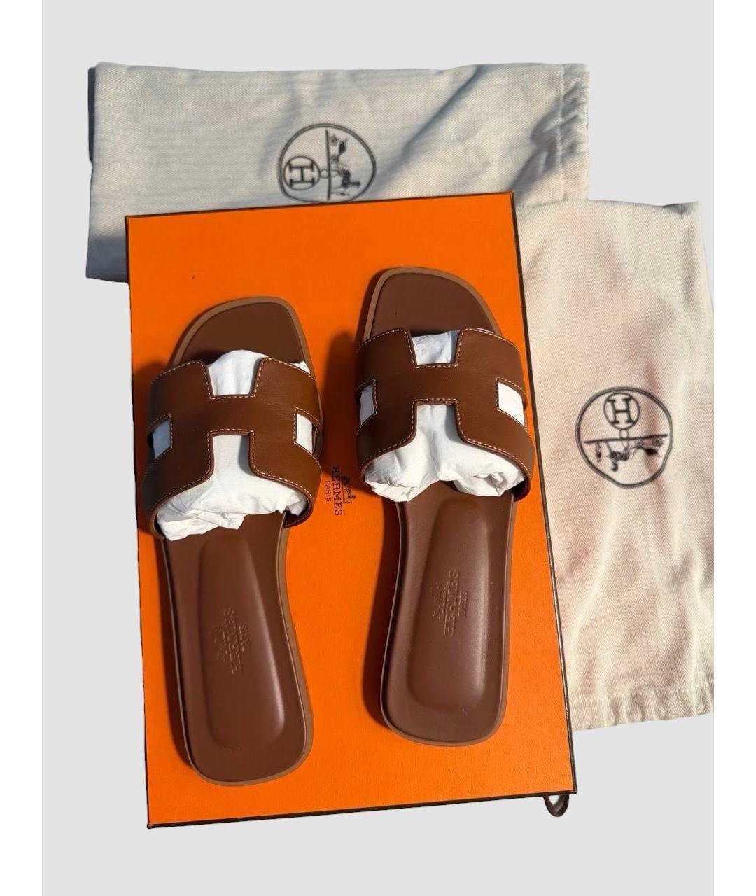 HERMES Коричневые кожаные шлепанцы, фото 7