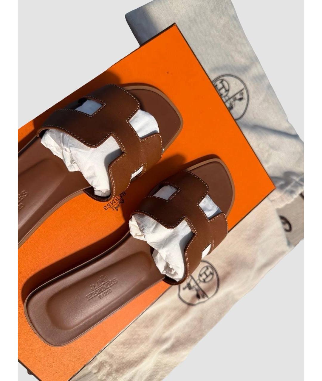 HERMES Коричневые кожаные шлепанцы, фото 3