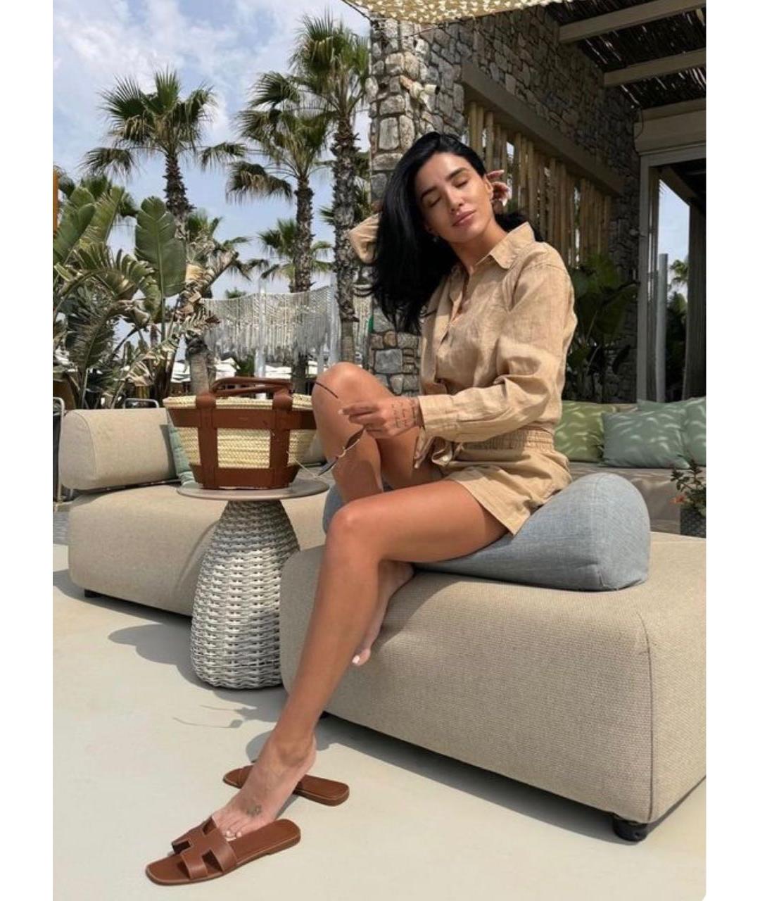 HERMES Коричневые кожаные шлепанцы, фото 6