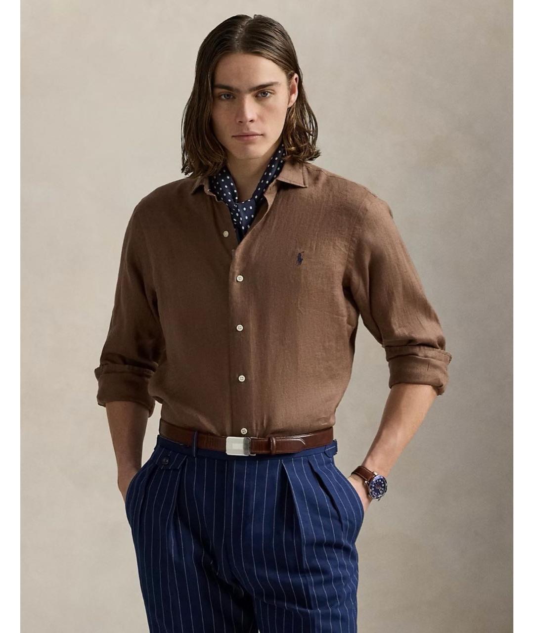 POLO RALPH LAUREN Коричневая льняная кэжуал рубашка, фото 5