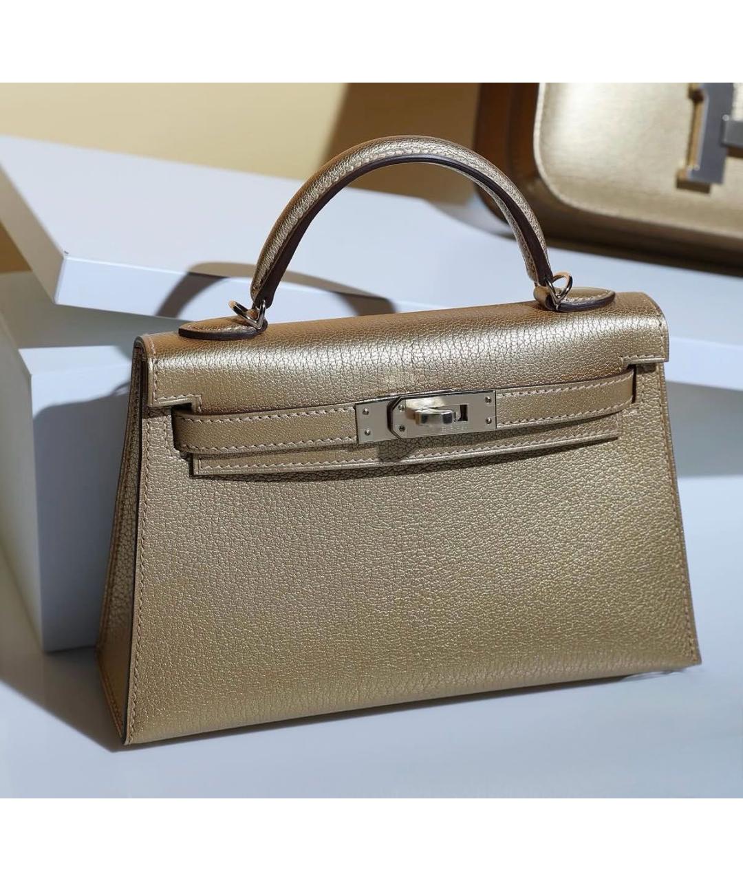 HERMES Золотая кожаная сумка с короткими ручками, фото 4