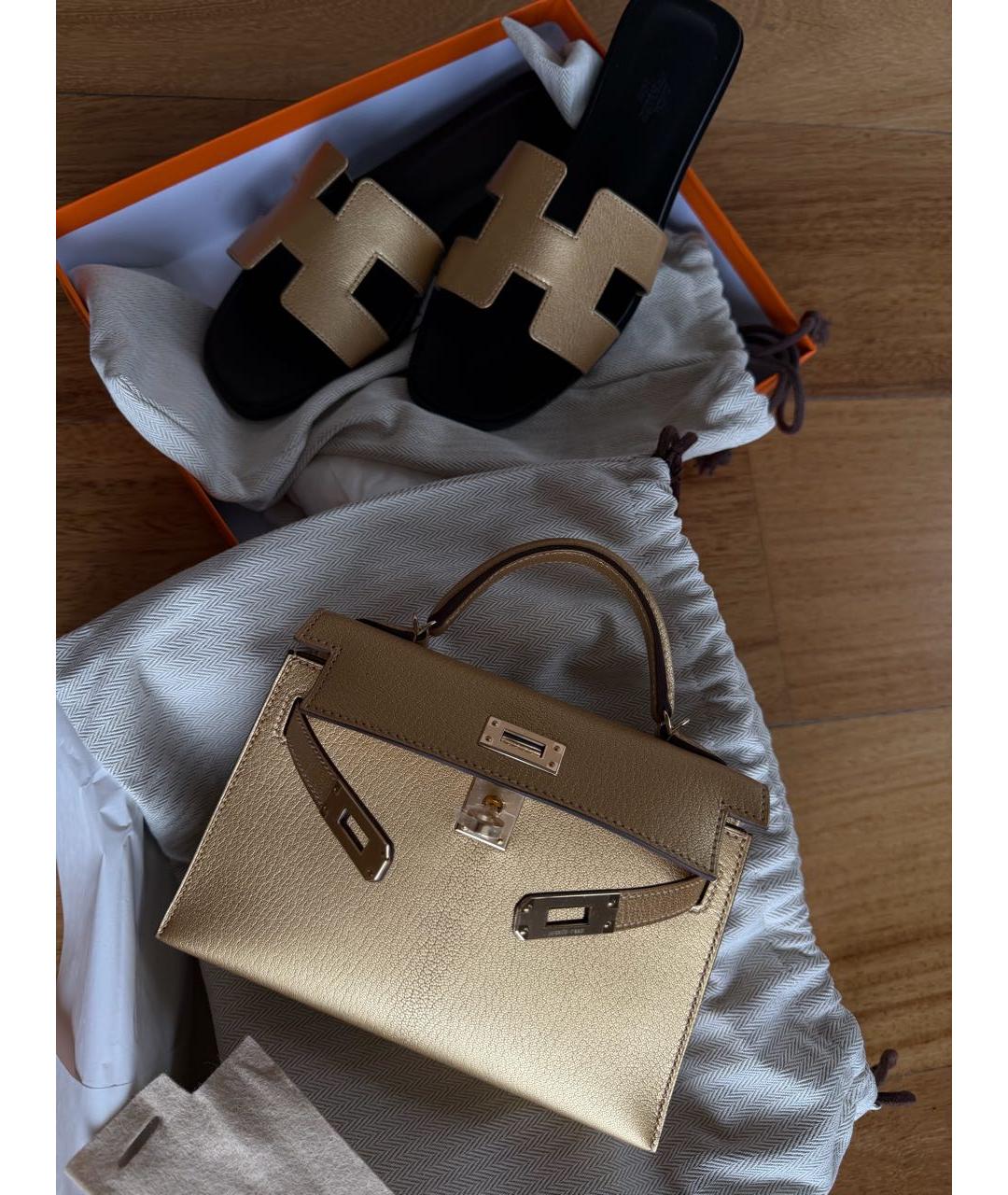 HERMES Золотая кожаная сумка с короткими ручками, фото 2