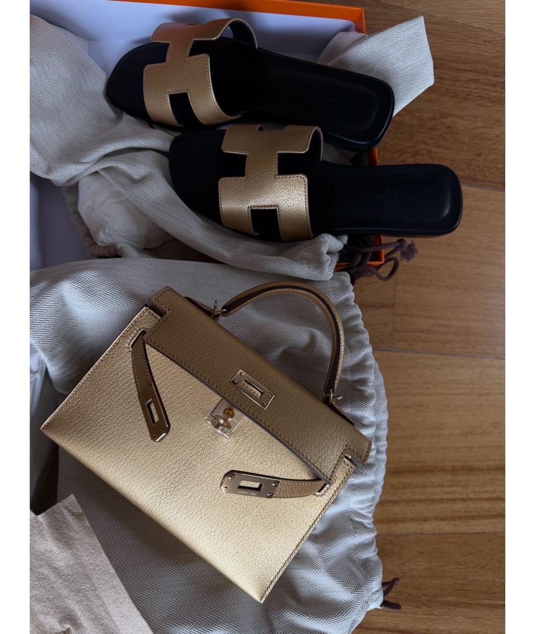 HERMES Золотая кожаная сумка с короткими ручками, фото 3