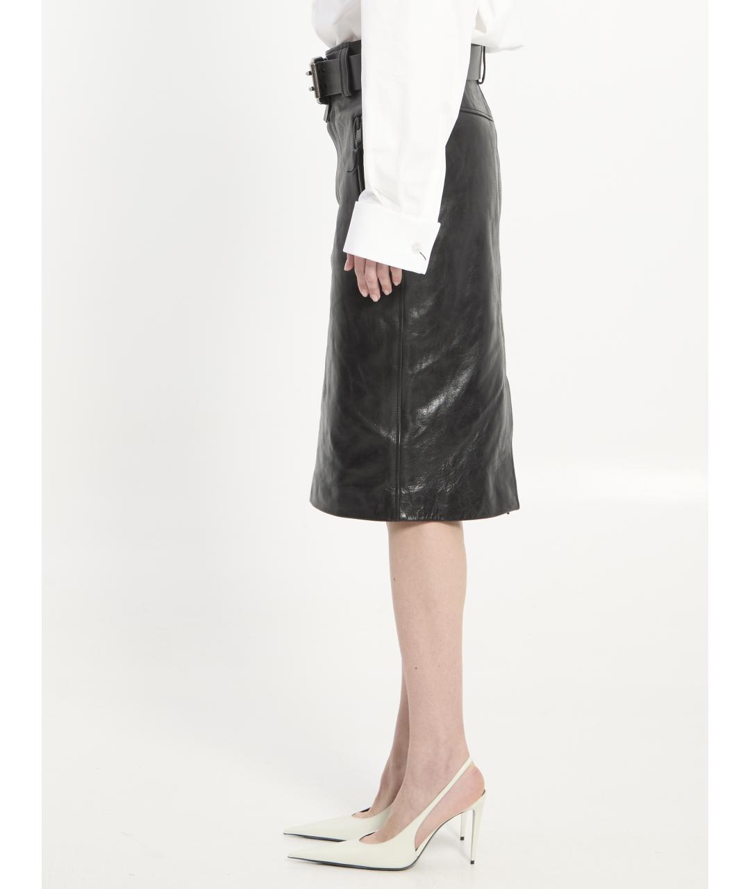 SAINT LAURENT Черная кожаная юбка миди, фото 4