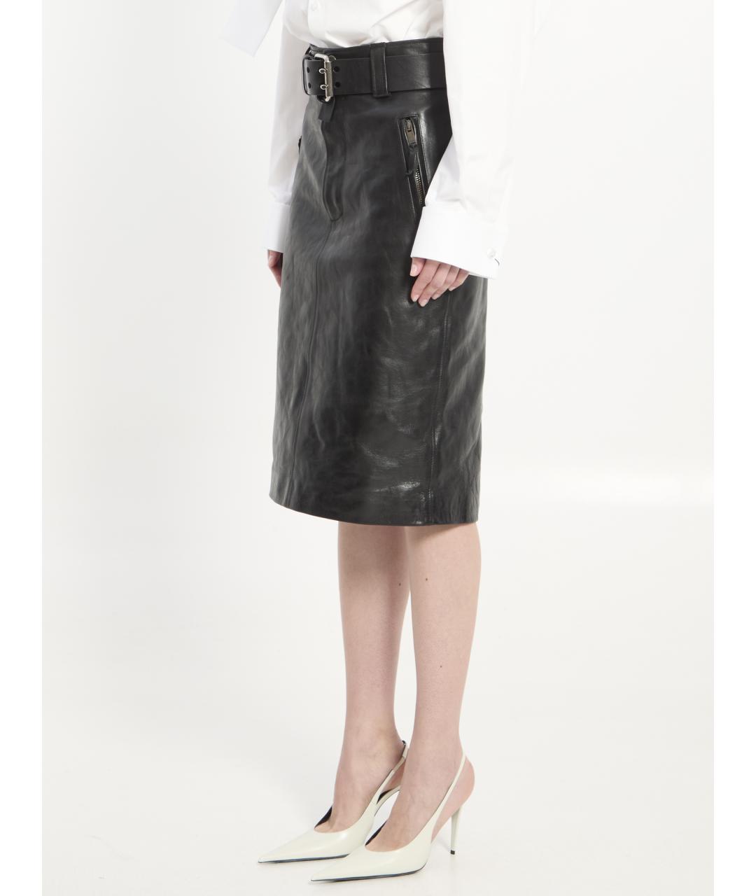 SAINT LAURENT Черная кожаная юбка миди, фото 3