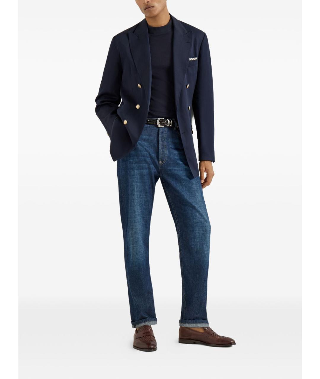 BRUNELLO CUCINELLI Темно-синие хлопковые прямые джинсы, фото 3
