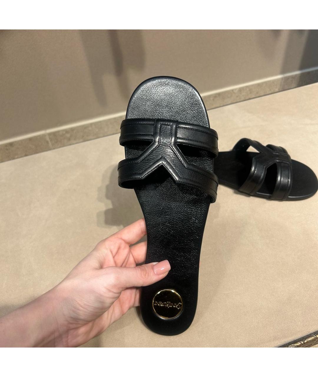 SAINT LAURENT Черные кожаные шлепанцы, фото 5