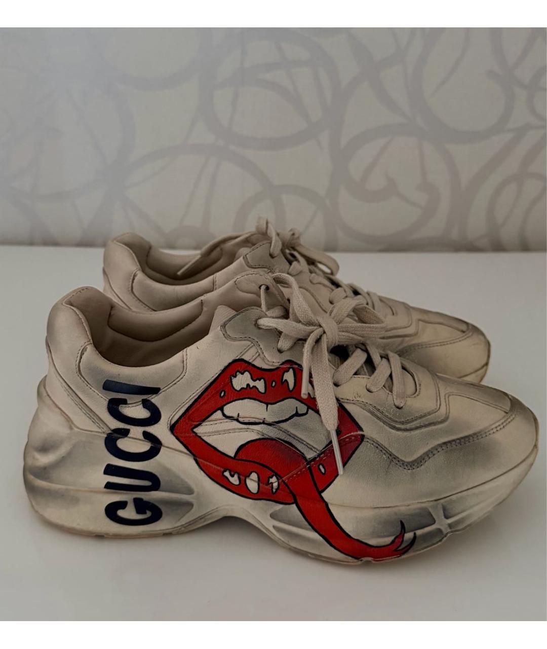 GUCCI Бежевые кожаные кроссовки, фото 9