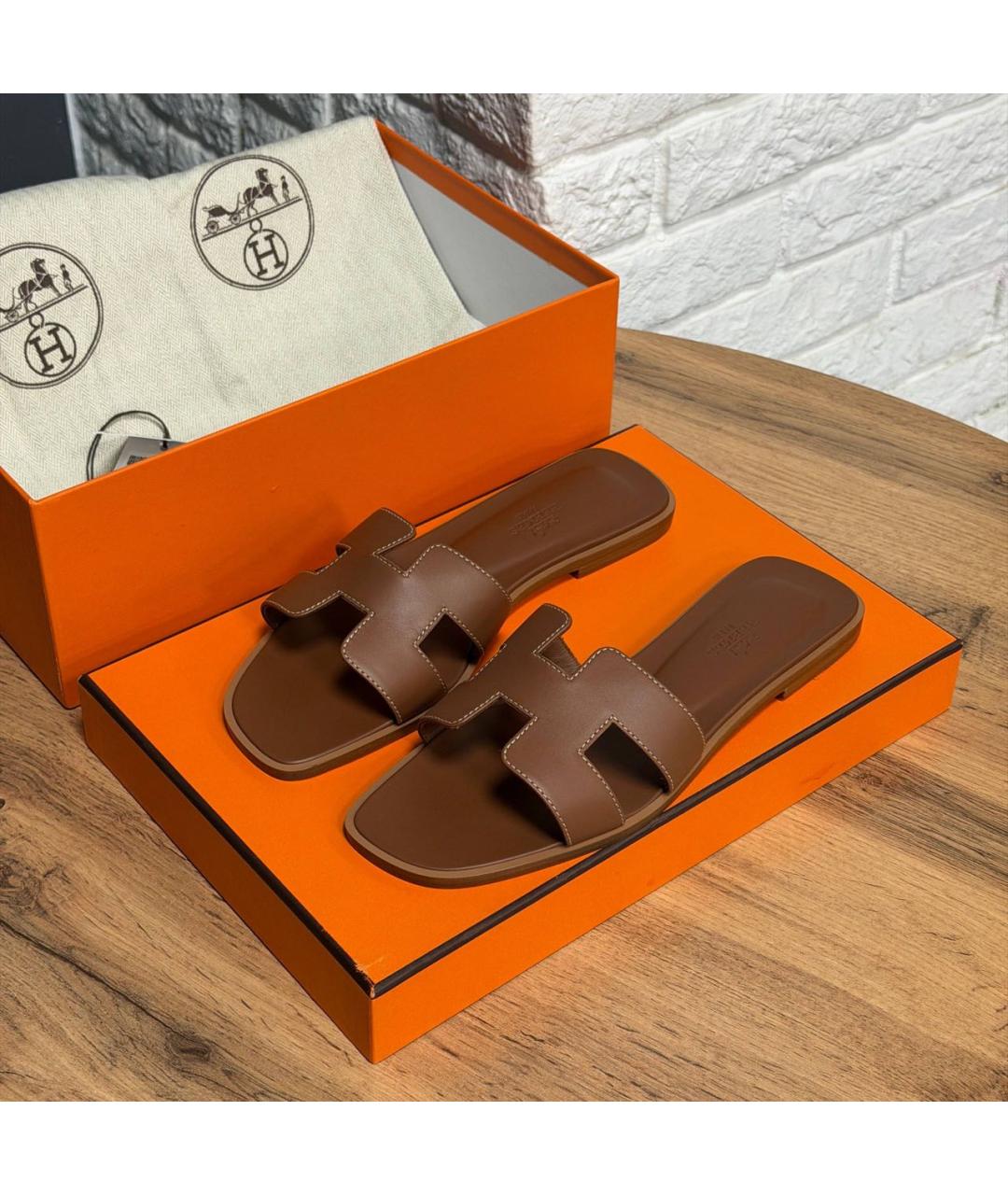 HERMES Коричневые кожаные шлепанцы, фото 2