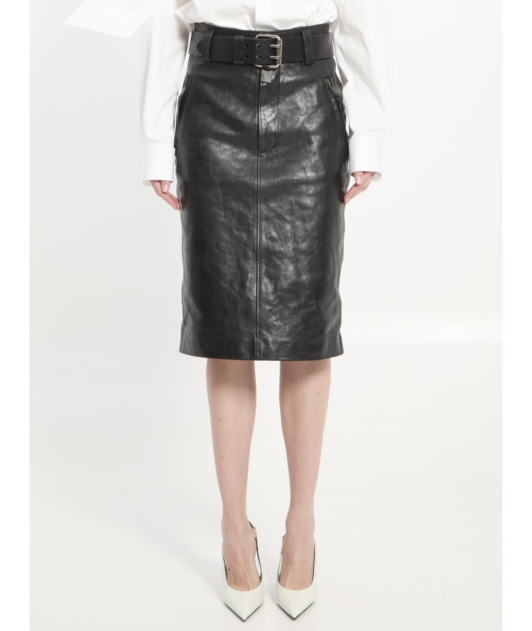 SAINT LAURENT Черная кожаная юбка миди, фото 2