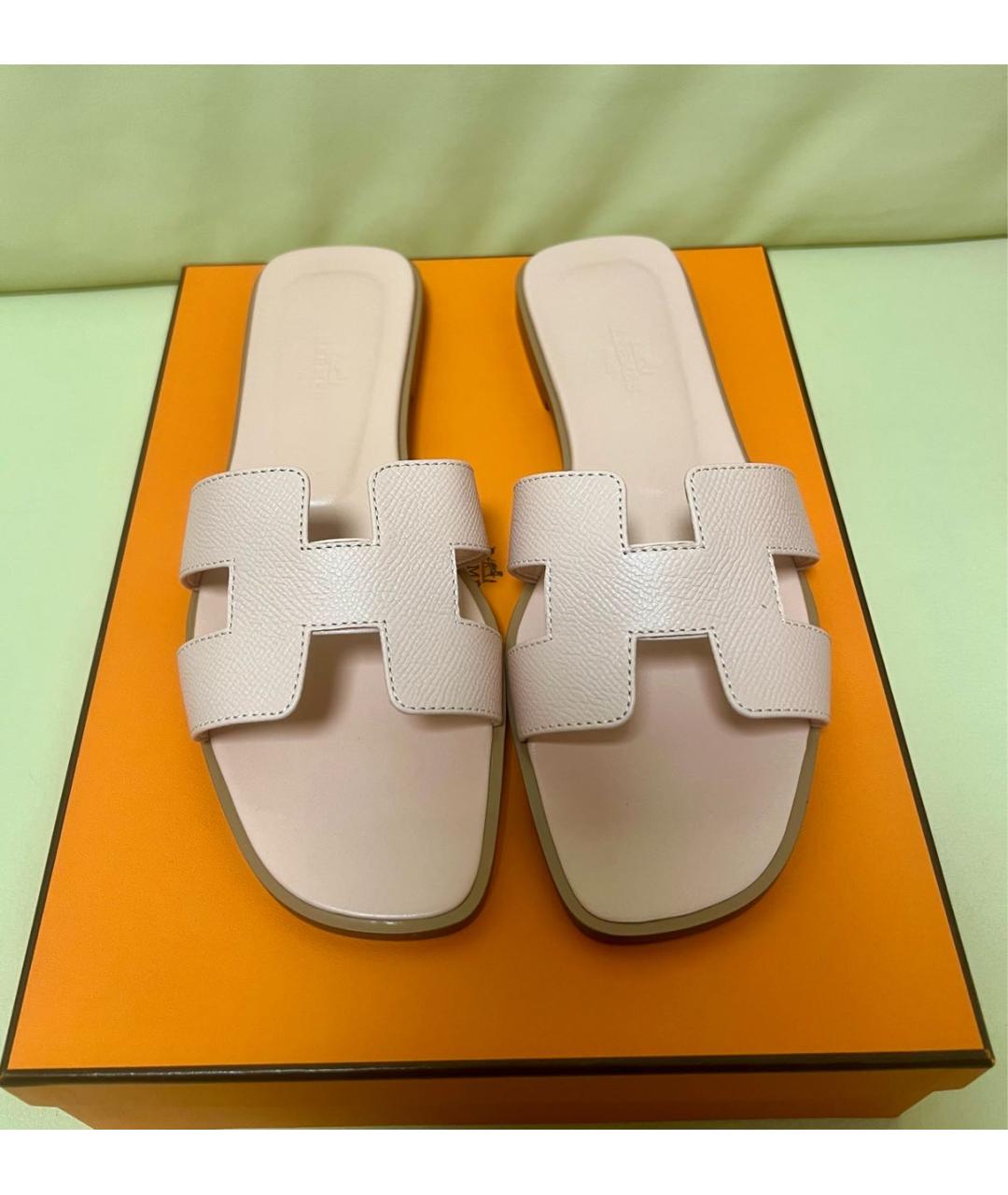 HERMES Розовые кожаные шлепанцы, фото 2