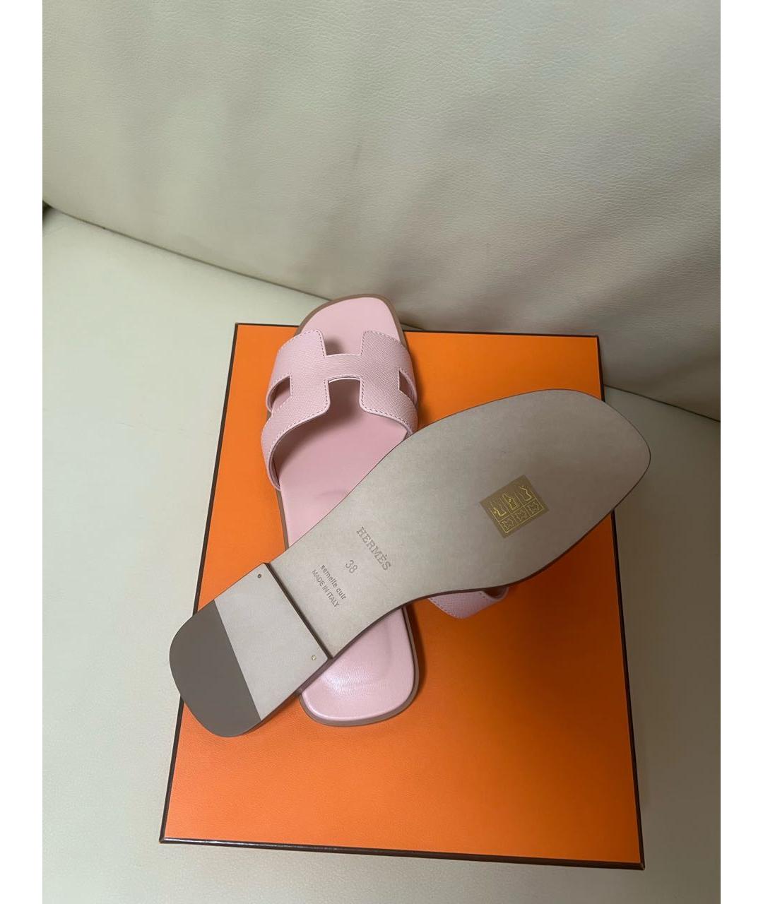 HERMES Розовые кожаные шлепанцы, фото 5