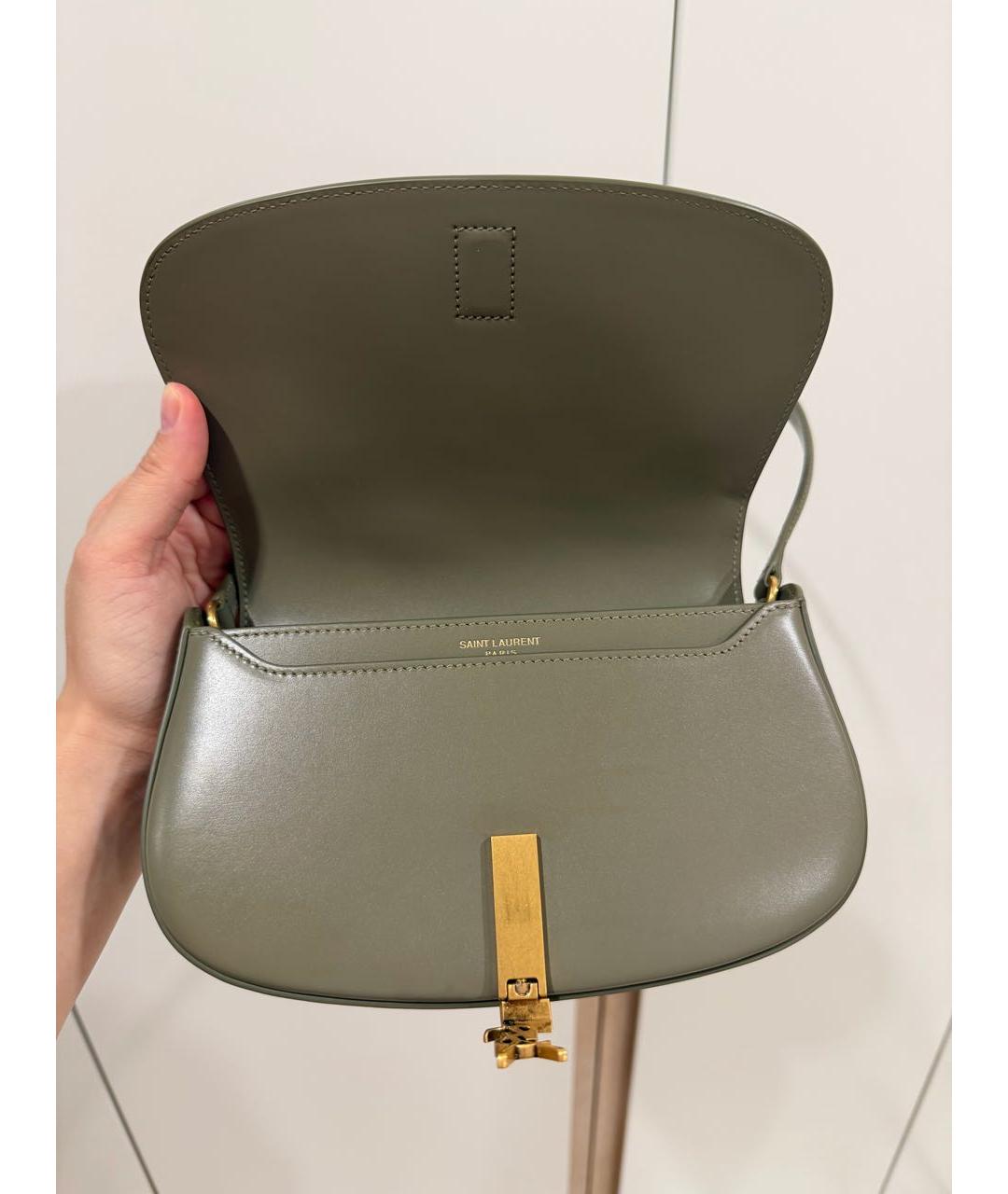 SAINT LAURENT Хаки кожаная сумка с короткими ручками, фото 4