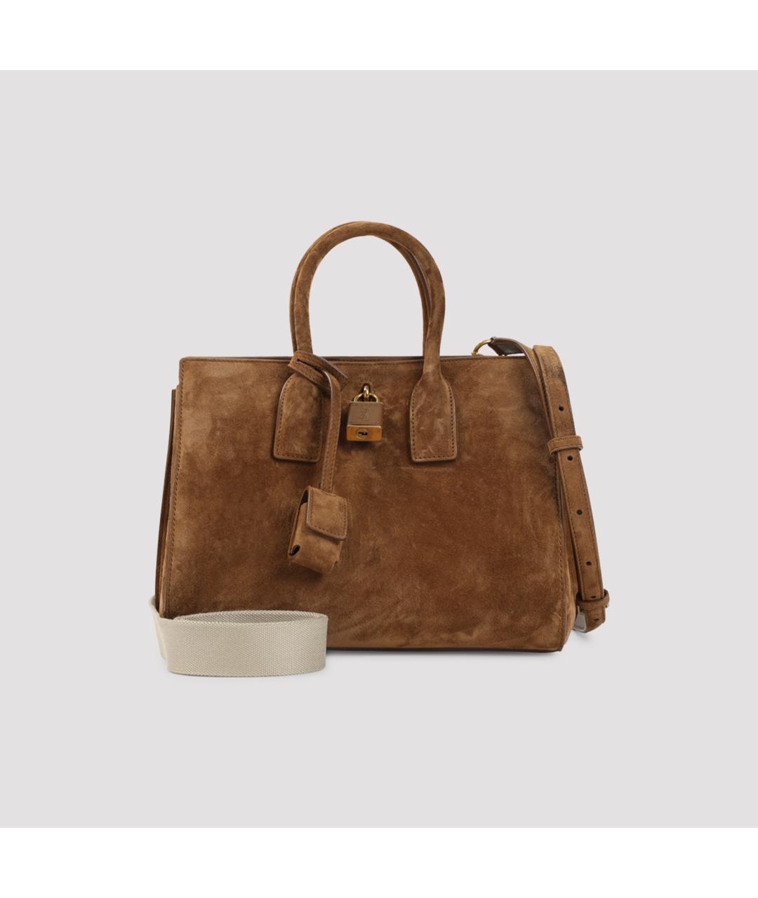 SAINT LAURENT Коричневая замшевая сумка тоут, фото 2