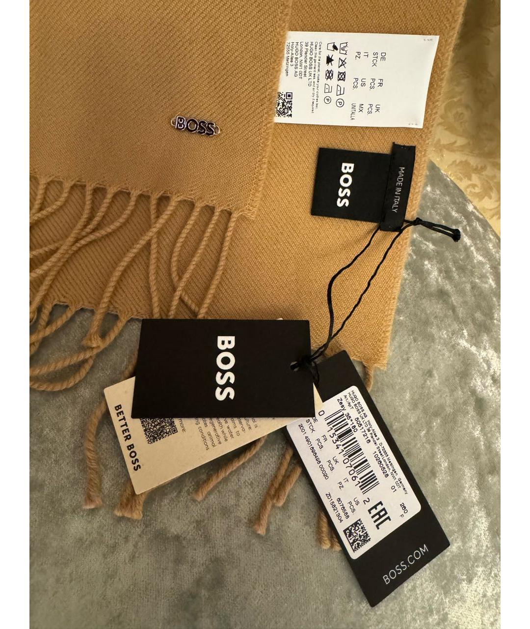 HUGO BOSS Бежевый шерстяной шарф, фото 4