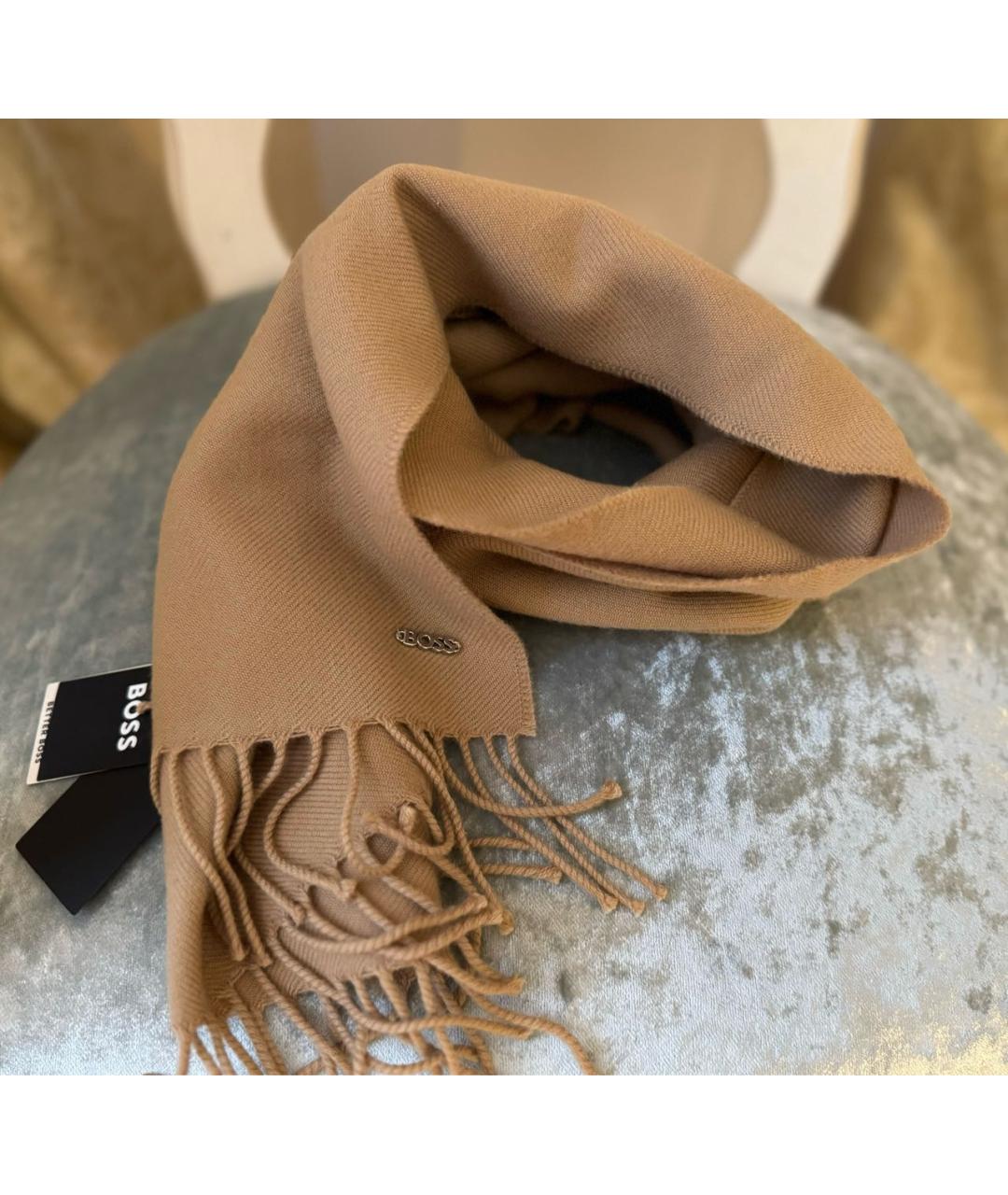 HUGO BOSS Бежевый шерстяной шарф, фото 6