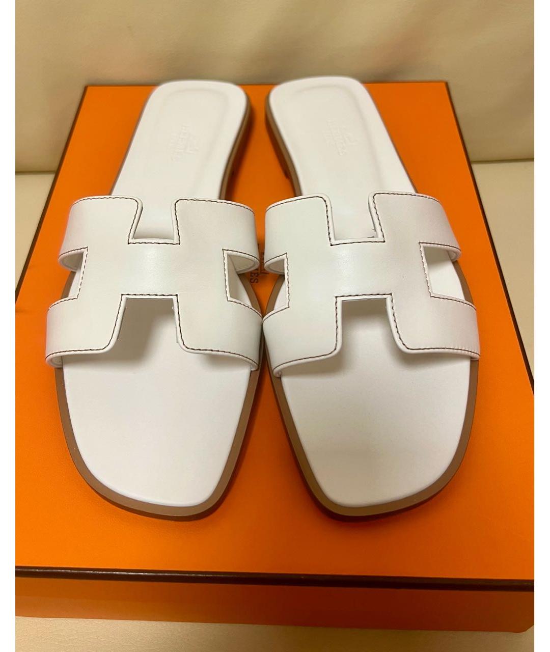 HERMES Белые кожаные шлепанцы, фото 2