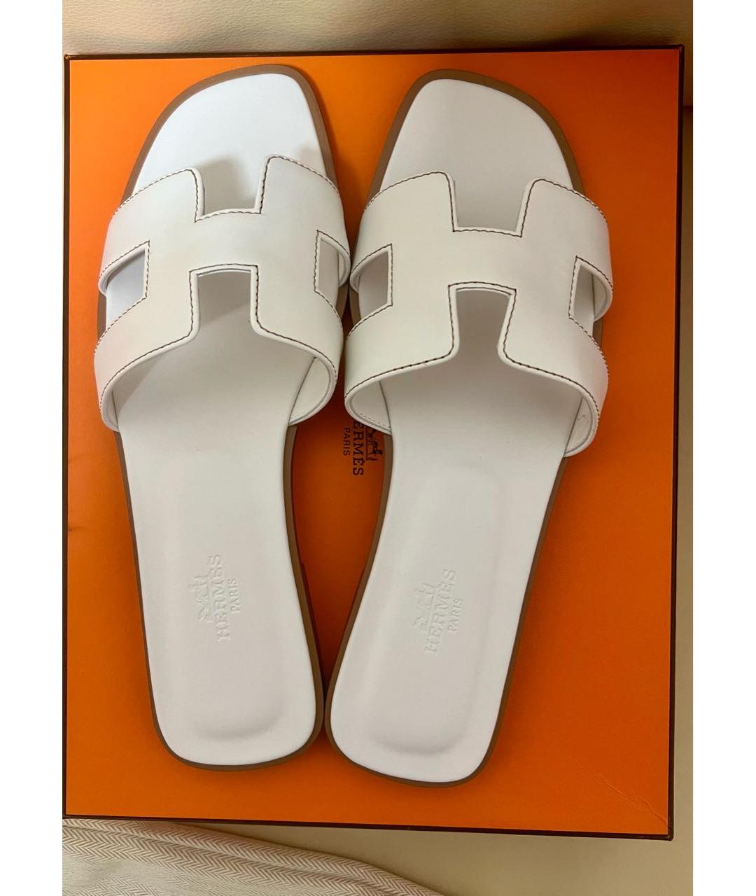 HERMES Белые кожаные шлепанцы, фото 3