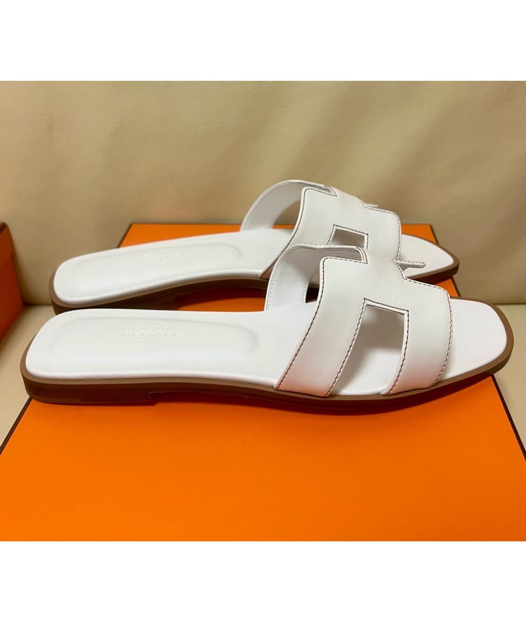 HERMES Белые кожаные шлепанцы, фото 6