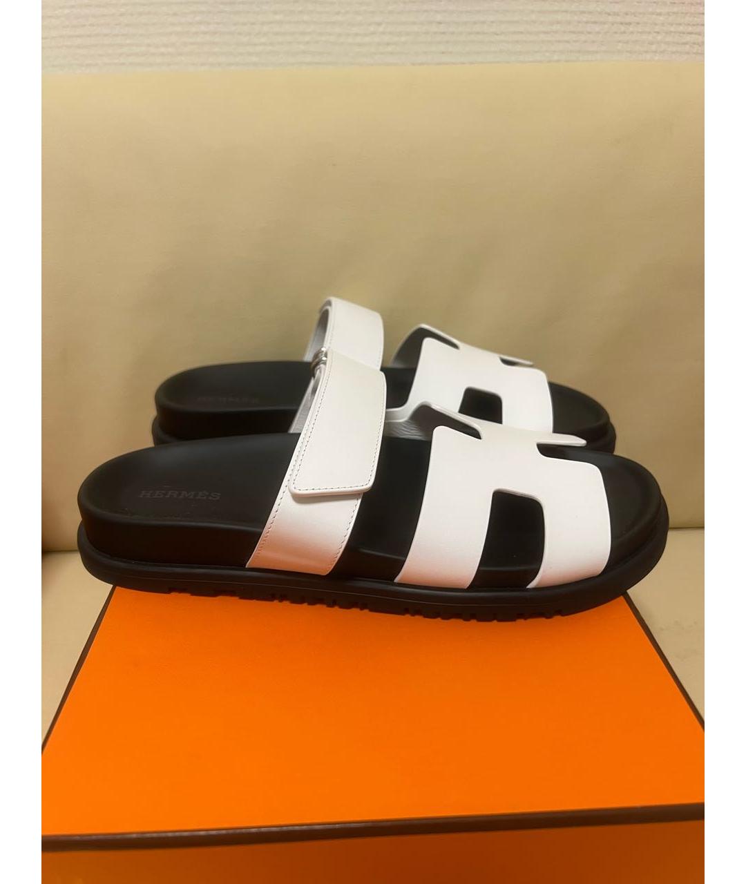 HERMES Белые кожаные шлепанцы, фото 6
