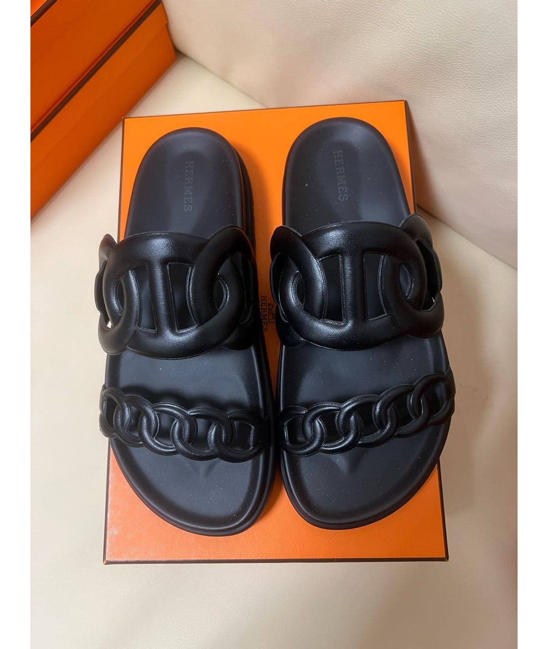 HERMES Черные резиновые шлепанцы, фото 2