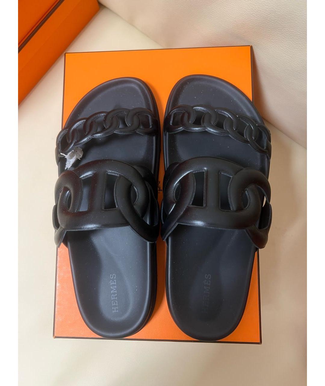 HERMES Черные резиновые шлепанцы, фото 3