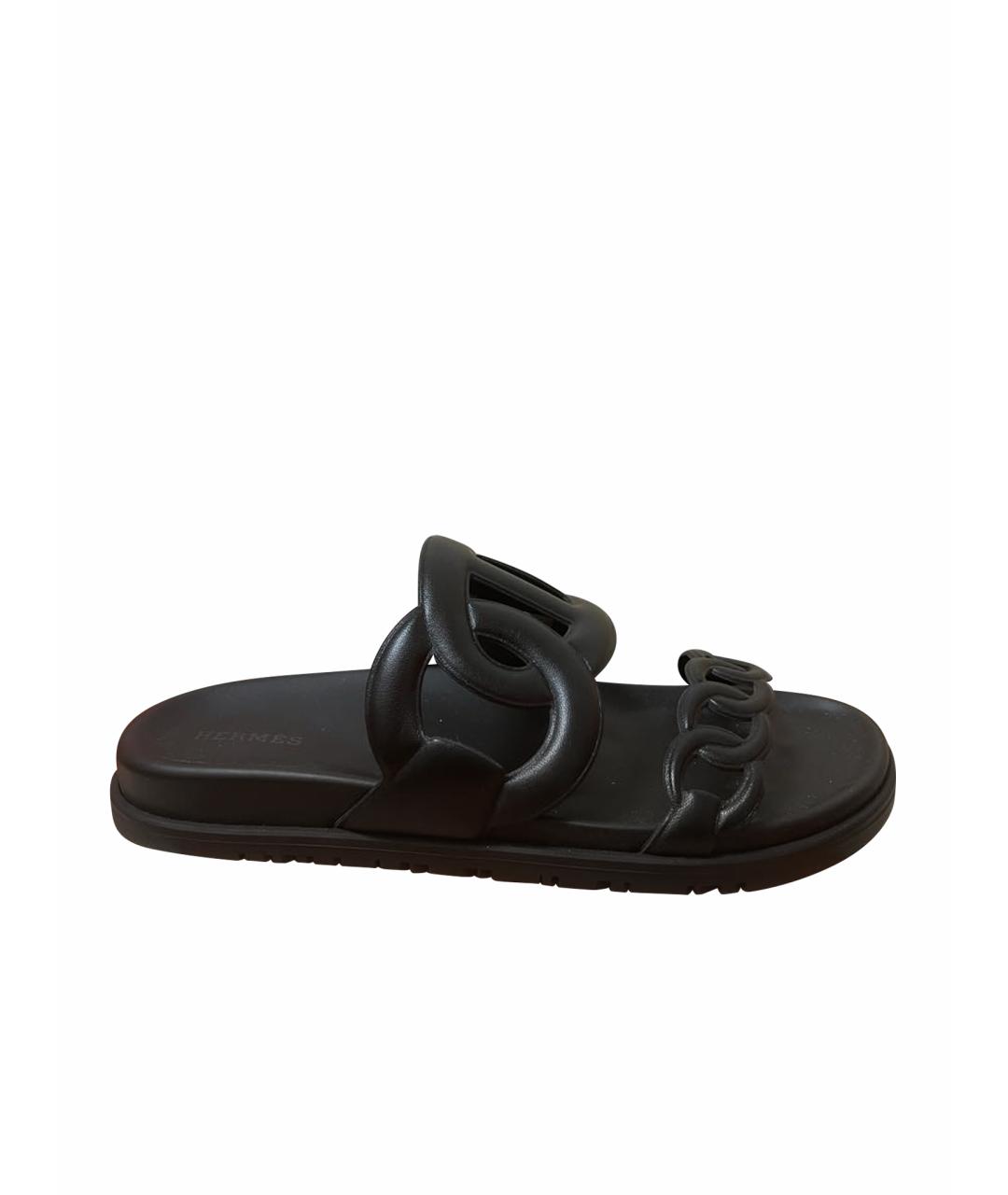 HERMES Черные резиновые шлепанцы, фото 1