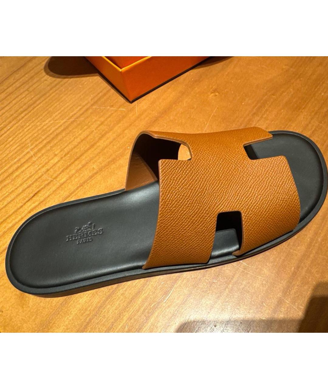 HERMES Коричневые кожаные шлепанцы, фото 6