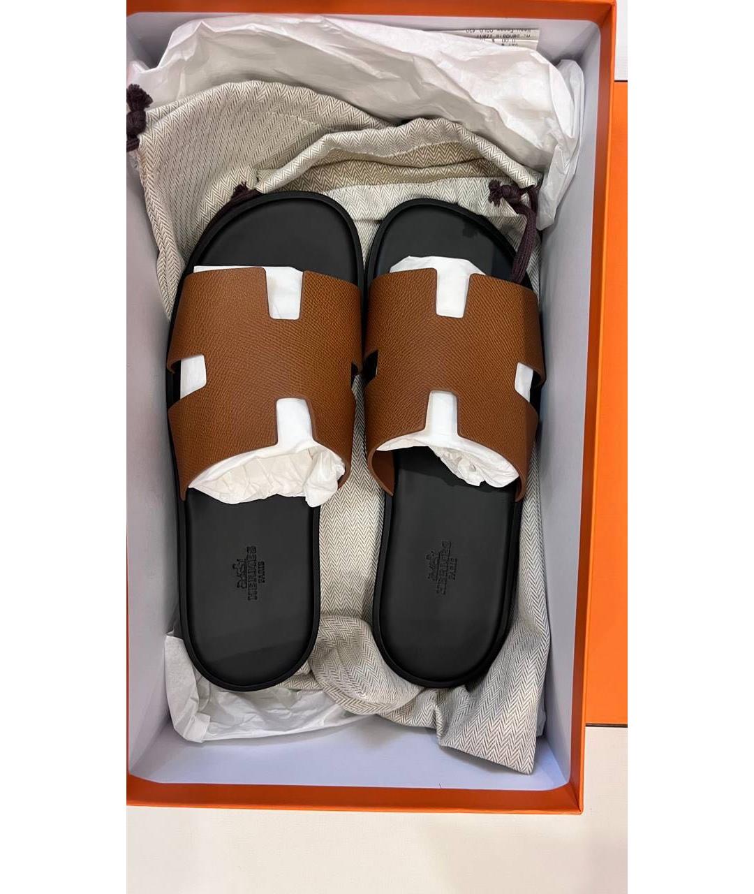 HERMES Коричневые кожаные шлепанцы, фото 5