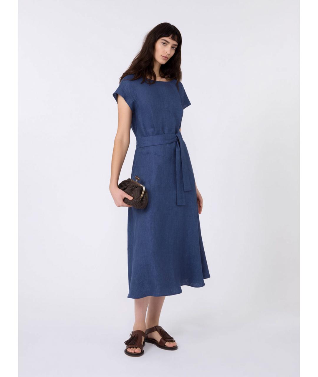 WEEKEND MAX MARA Синее льняное повседневное платье, фото 2