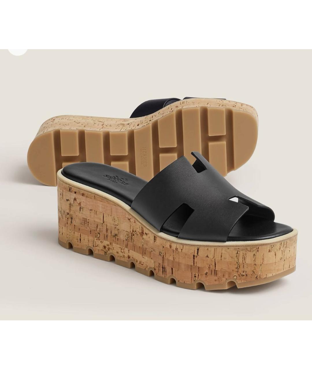 HERMES Черные кожаные сандалии, фото 2