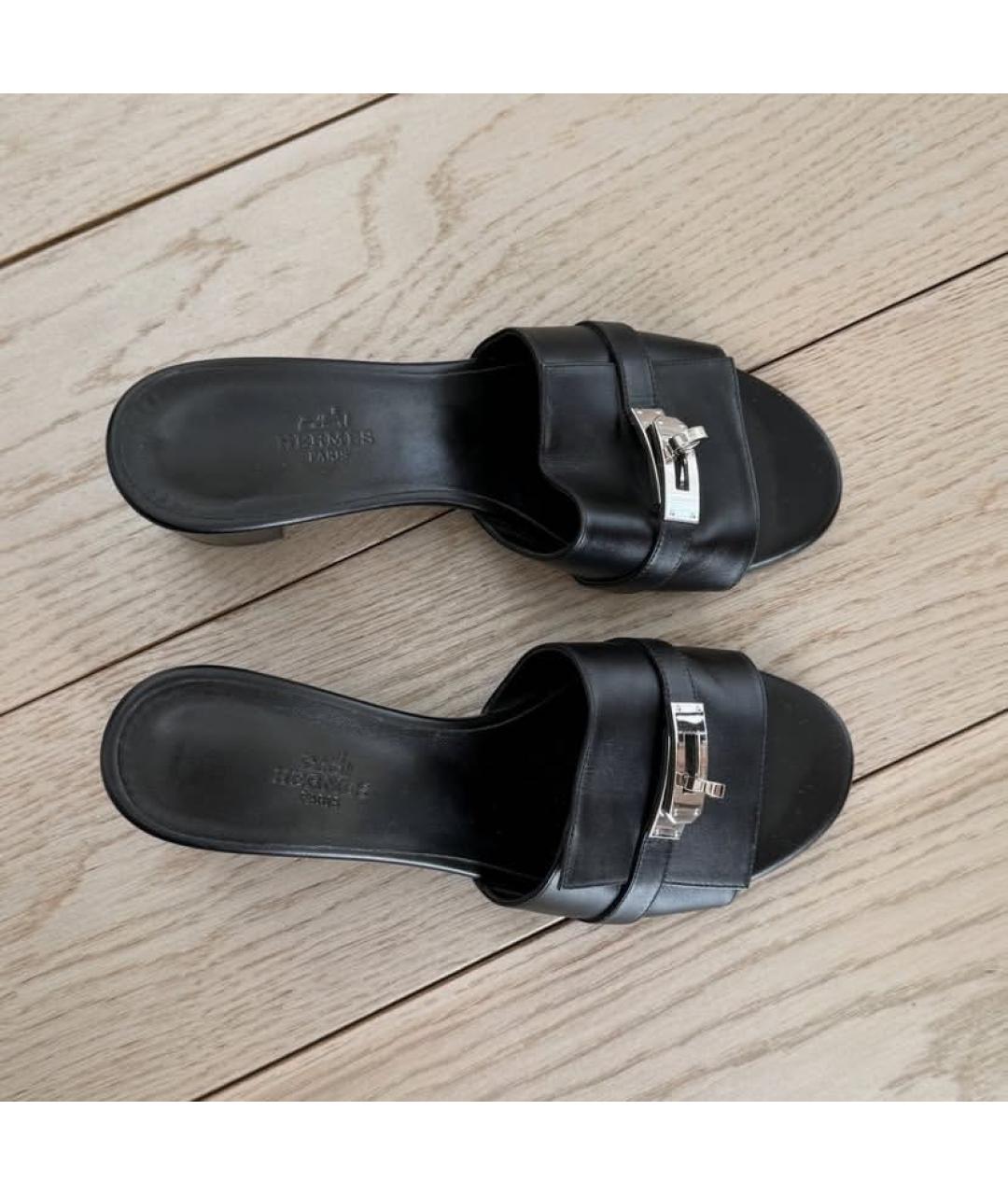 HERMES Черные кожаные сабо, фото 3
