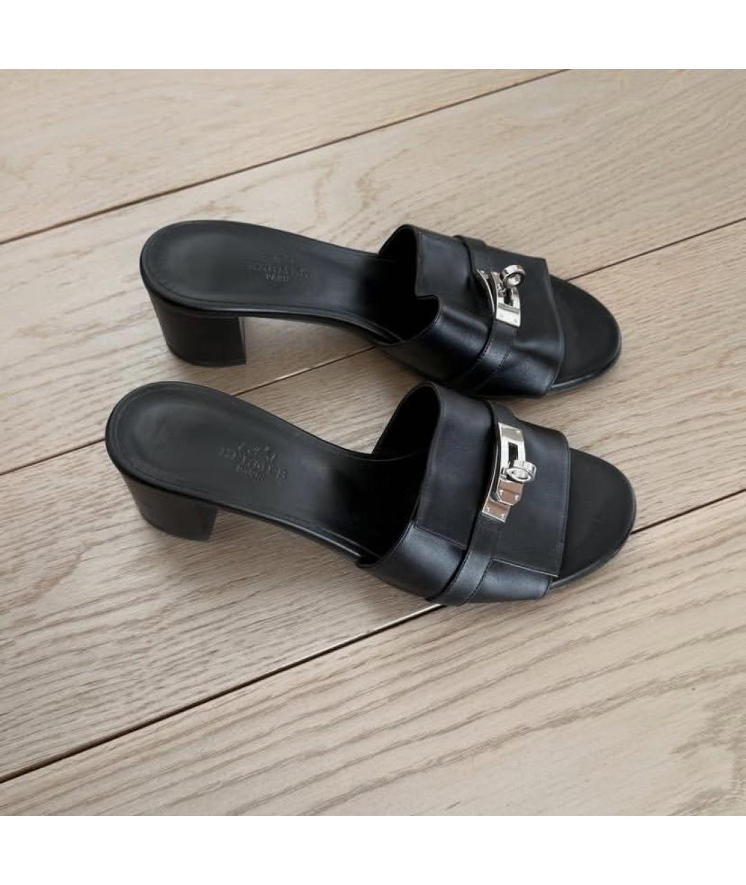 HERMES Черные кожаные сабо, фото 2