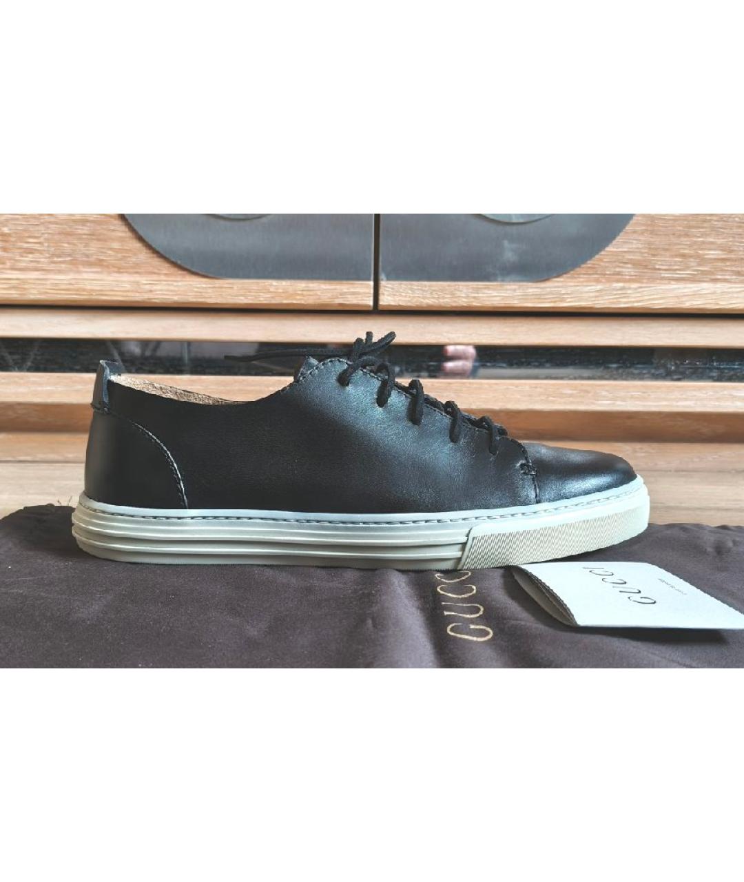 GUCCI Черные кожаные низкие кроссовки / кеды, фото 3