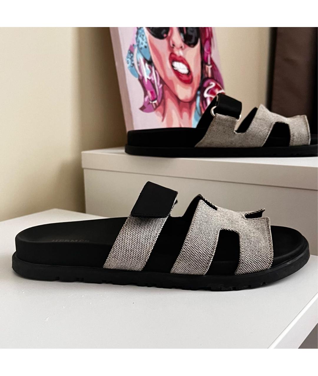 HERMES Серые текстильные сандалии, фото 7