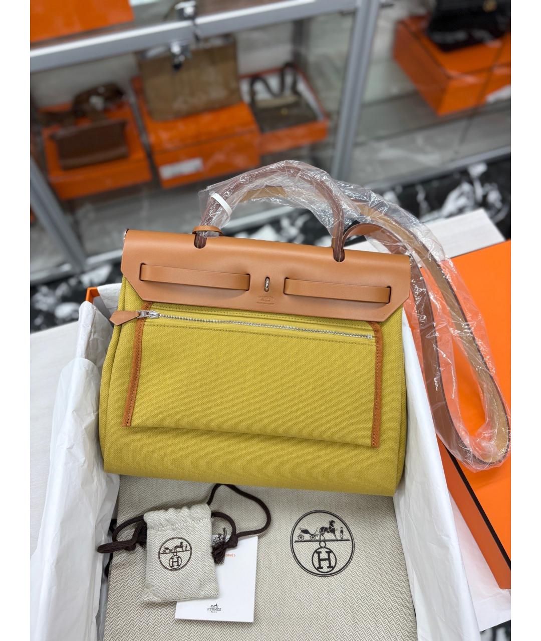 HERMES Желтая деним сумка с короткими ручками, фото 3