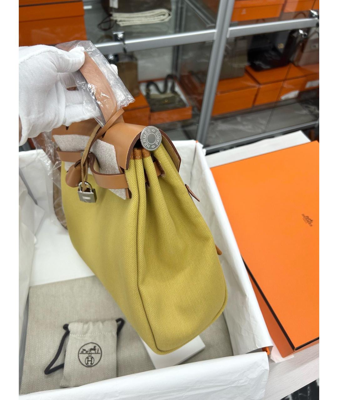 HERMES Желтая деним сумка с короткими ручками, фото 5