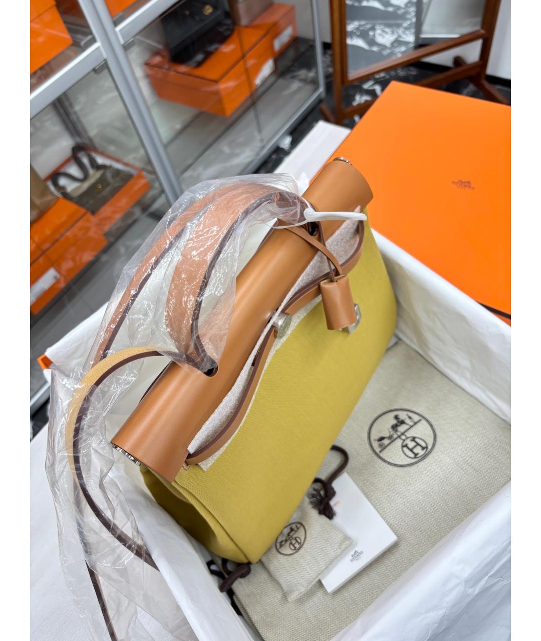 HERMES Желтая деним сумка с короткими ручками, фото 2