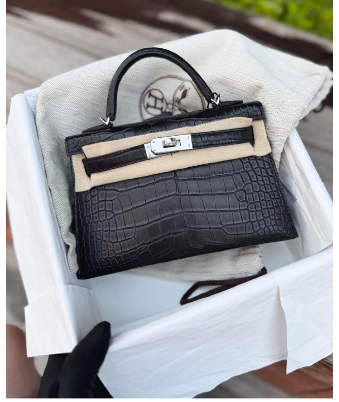 HERMES Черная сумка с короткими ручками из экзотической кожи, фото 2