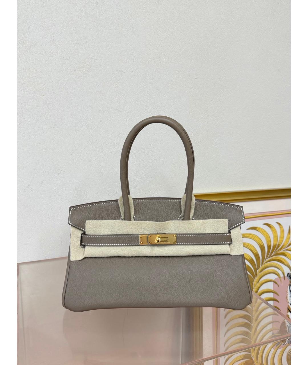 HERMES Серая кожаная сумка с короткими ручками, фото 4