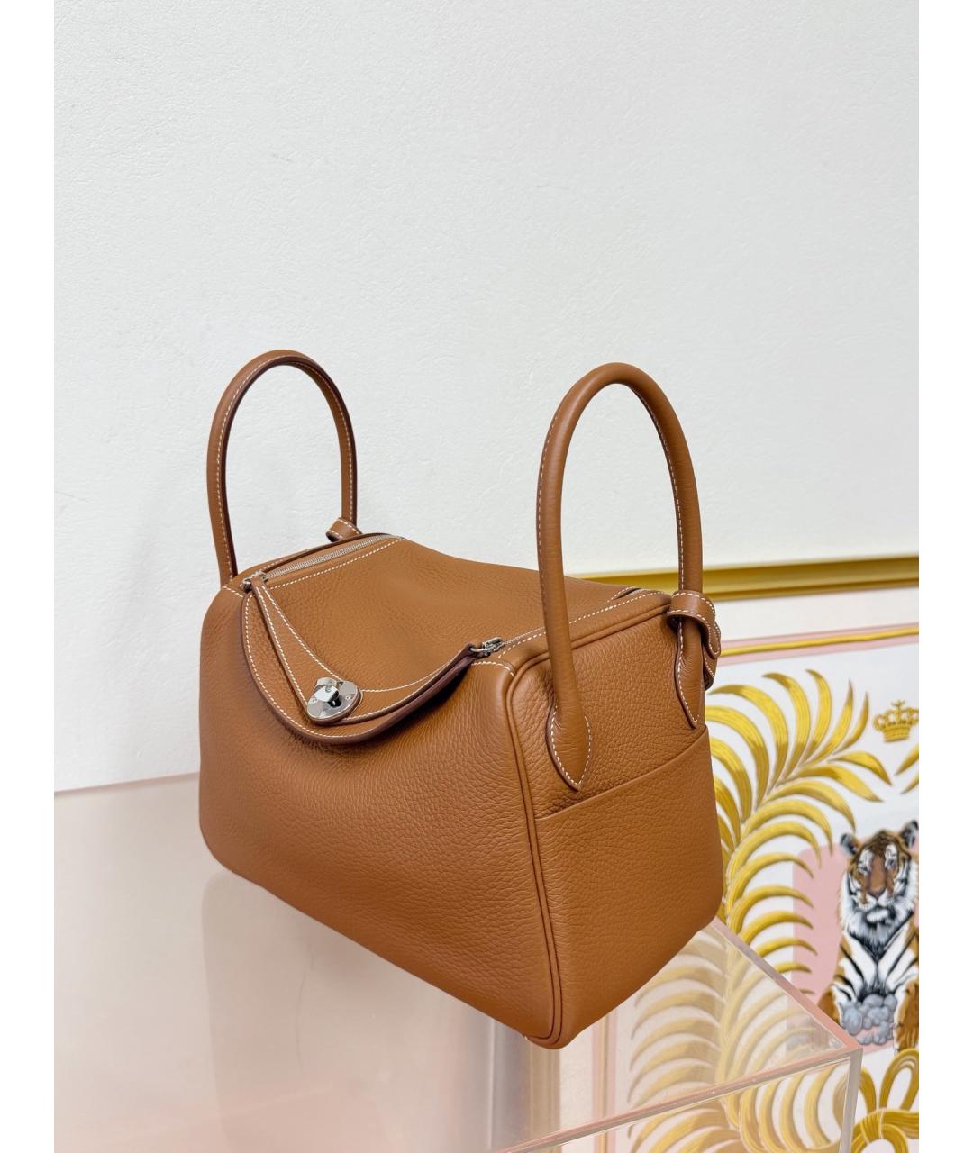 HERMES Коричневая кожаная сумка с короткими ручками, фото 3