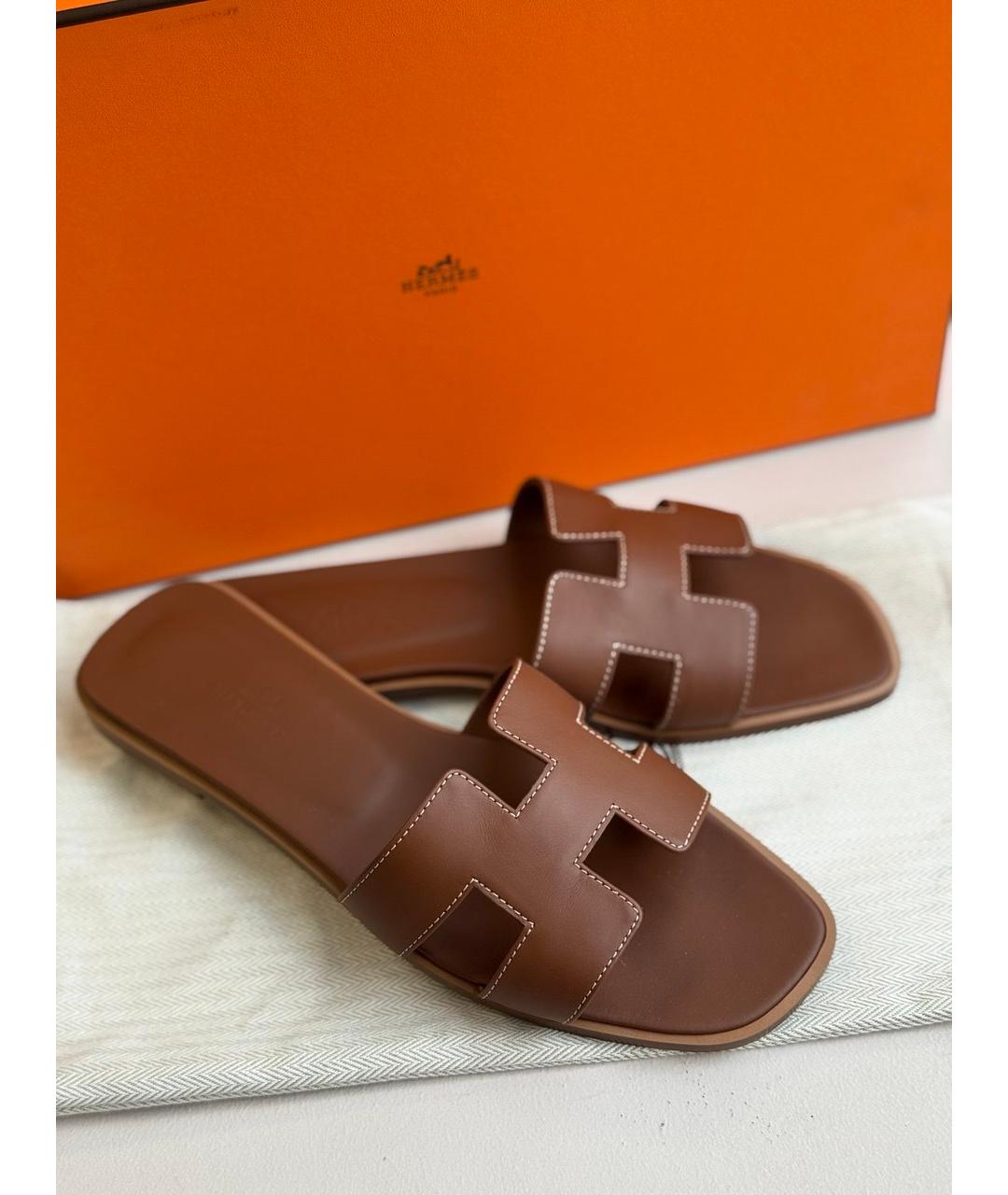 HERMES Коричневые кожаные босоножки, фото 2