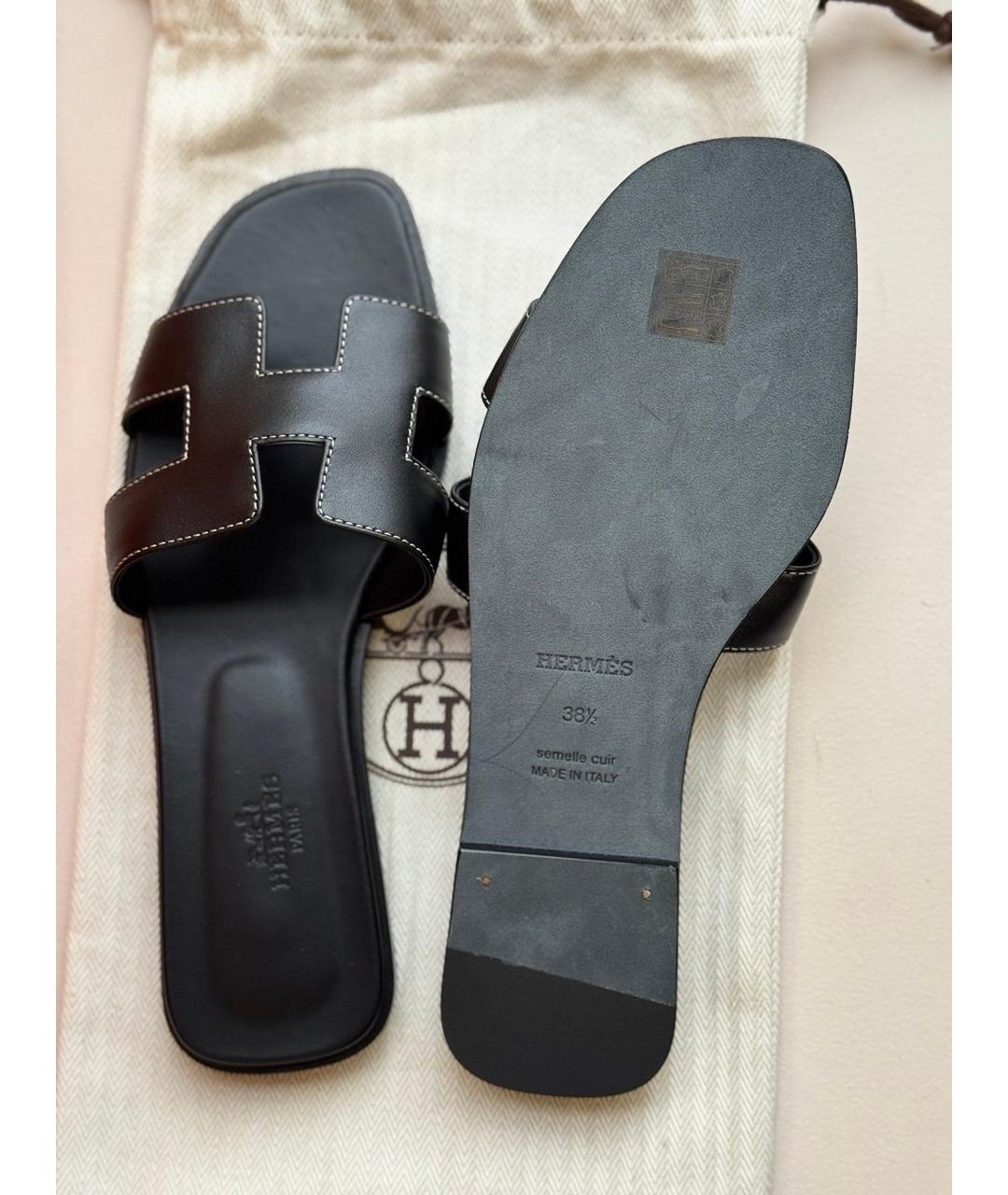 HERMES Черные кожаные босоножки, фото 2
