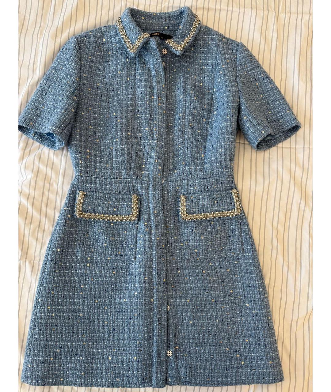 MAJE Голубое твидовое коктейльное платье, фото 5