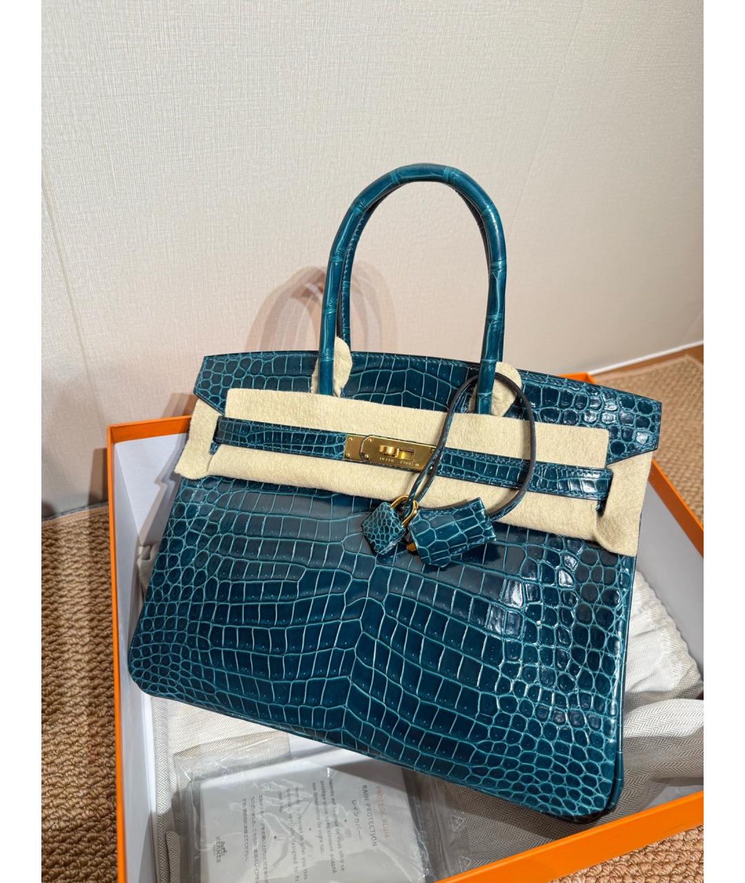 HERMES Синяя сумка с короткими ручками из экзотической кожи, фото 2