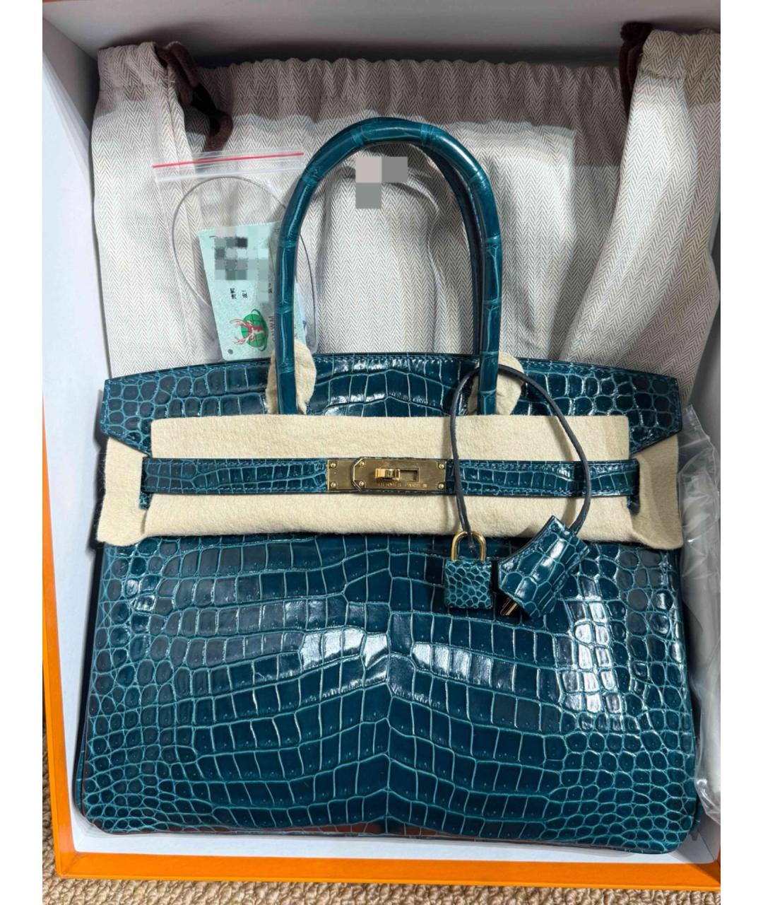 HERMES Синяя сумка с короткими ручками из экзотической кожи, фото 3