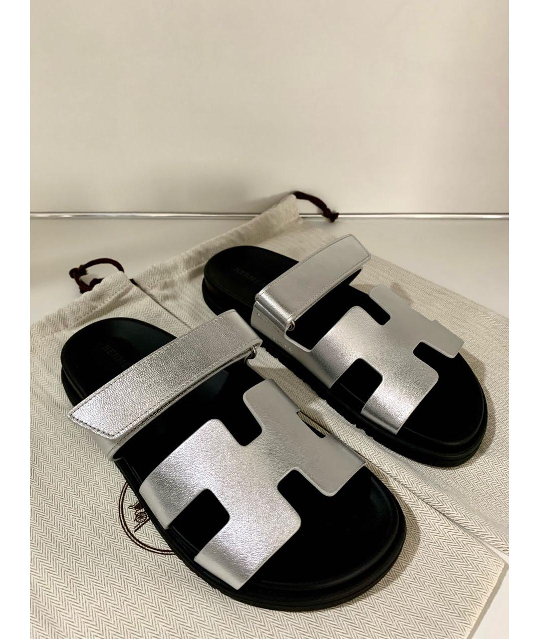 HERMES Серебряные кожаные шлепанцы, фото 5