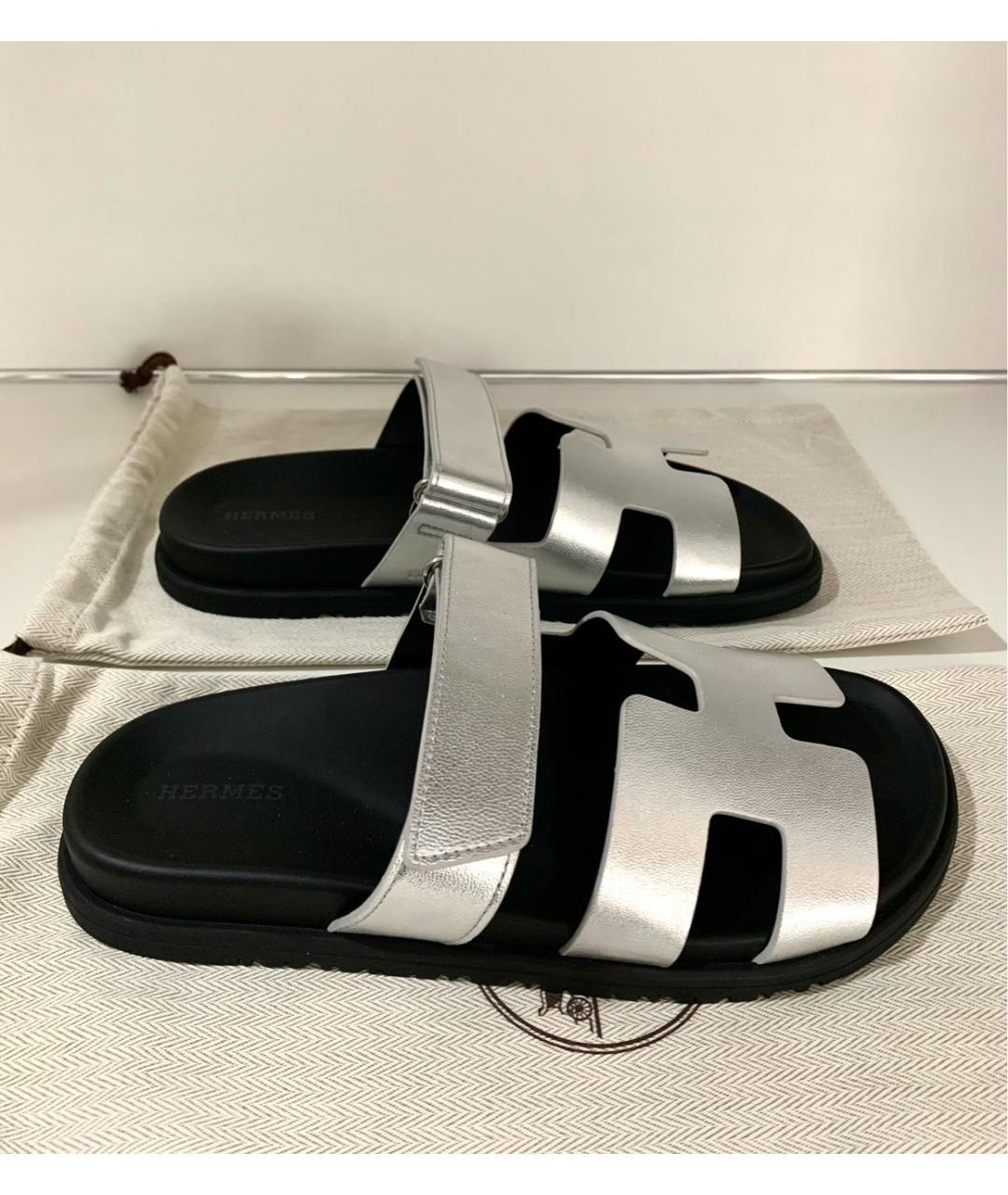 HERMES Серебряные кожаные шлепанцы, фото 6